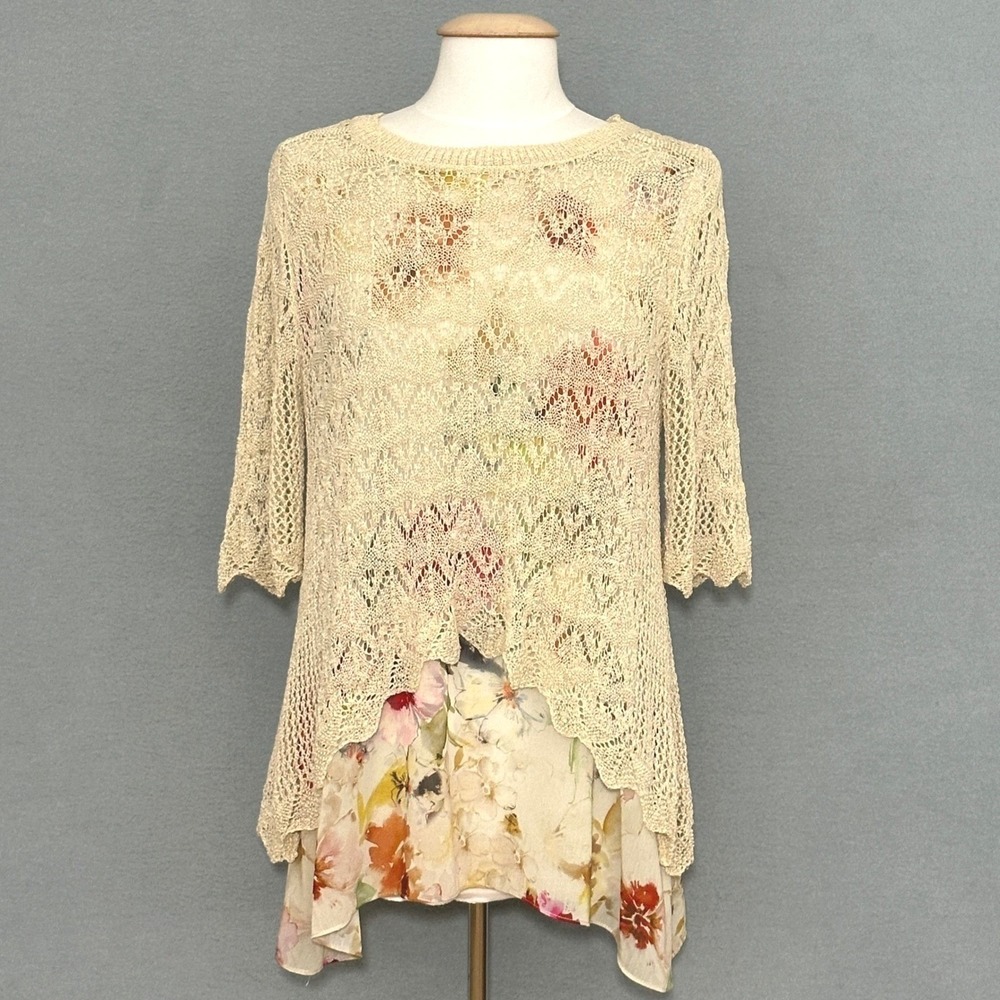 VTG Feminine Cottage Women Top S Beige Lace Floral Tunic Whimsical Ethereal Airy